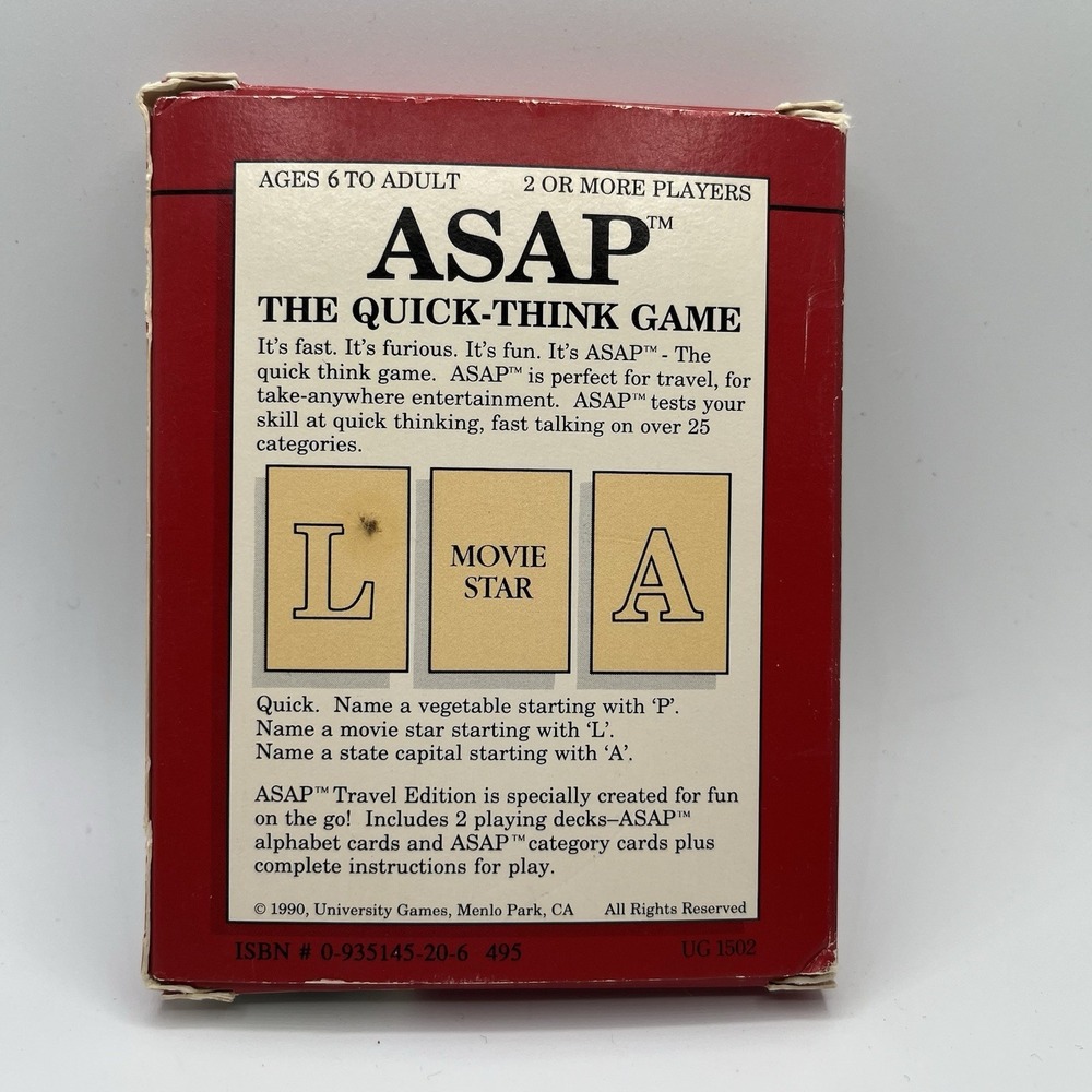 ASAP Card Game , Quick-Think Game, University Games * Travel Edition, Vtg 1990 - Picture 2 of 2